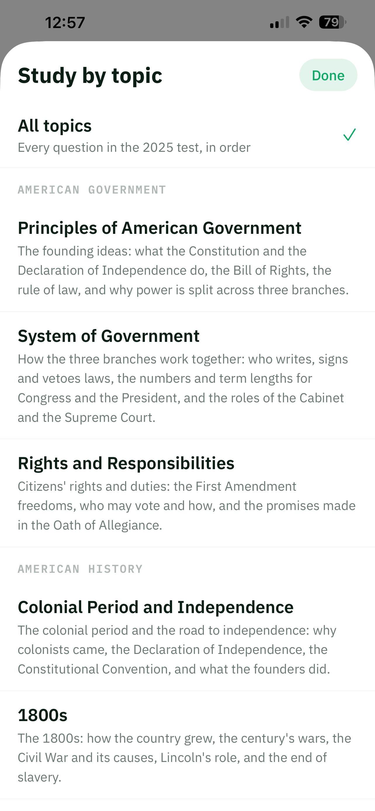 Studying by topic, showing the official sections of the United States civics test.