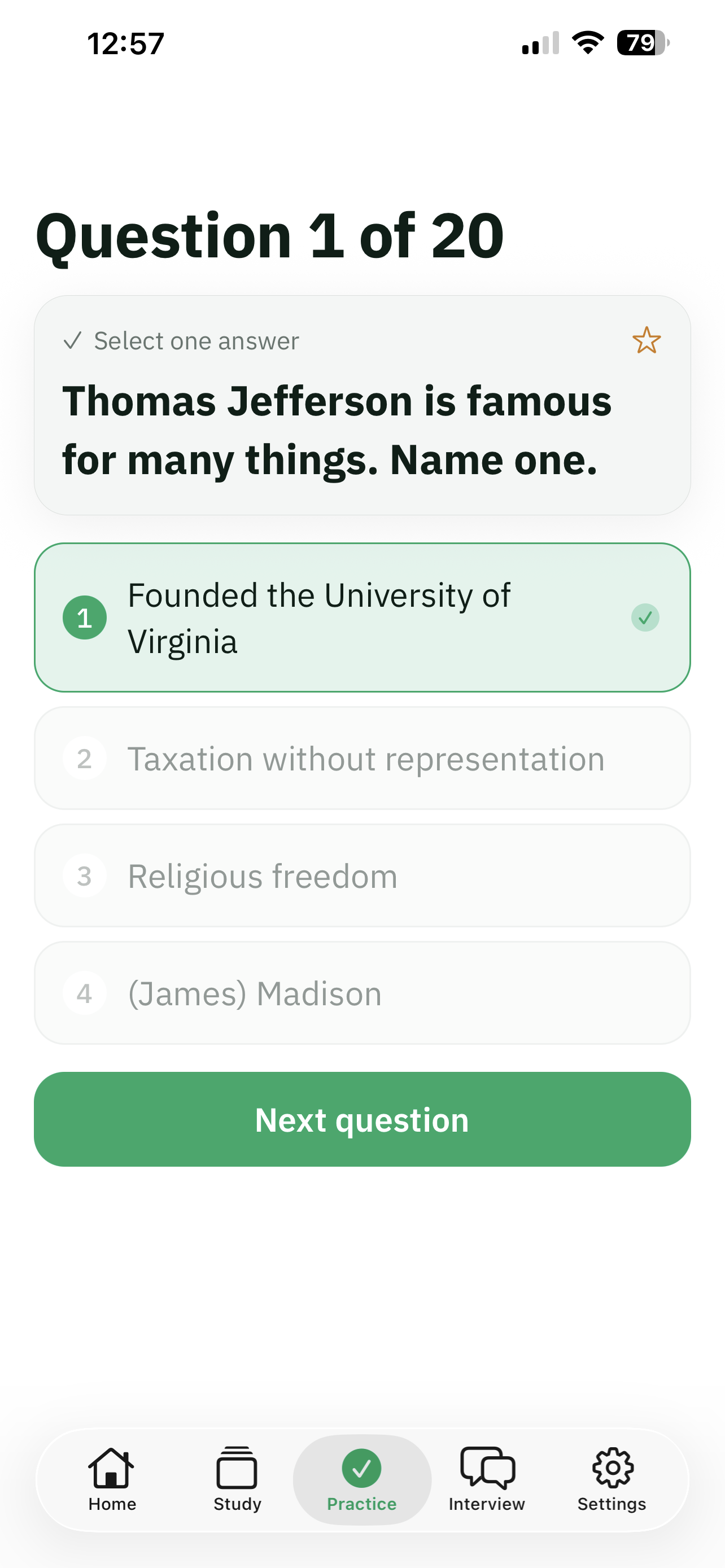 A practice test question with numbered answer options.