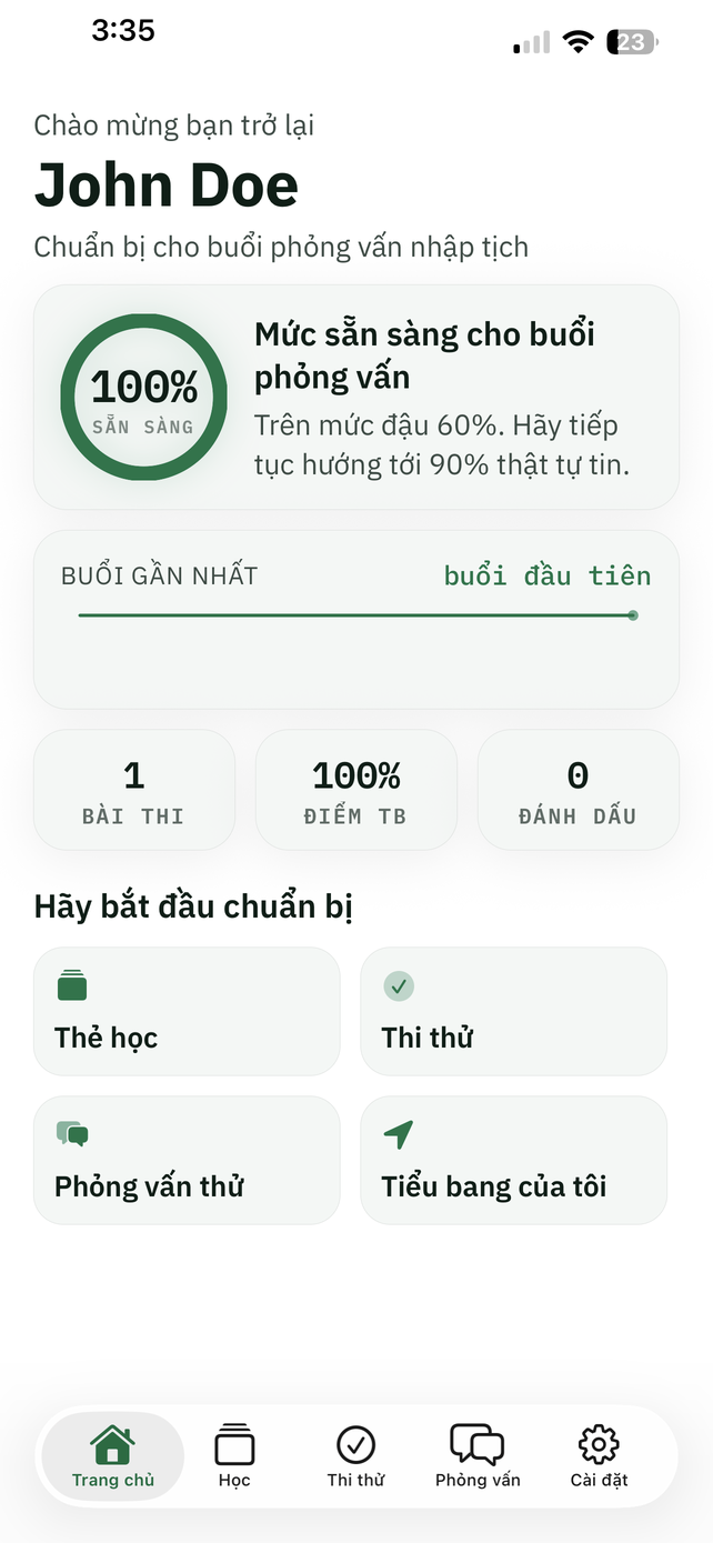 The app's home screen in Vietnamese: Chào mừng bạn trở lại, John Doe, with interview readiness at 100%.